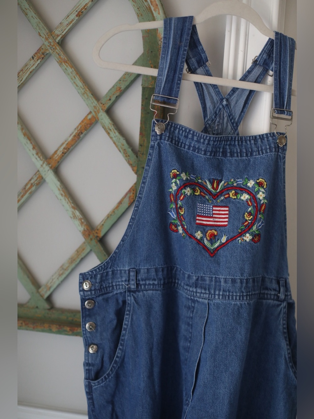 Vintage Roaman's Embroidered Denim Overalls A6 (14-16) America Flag Embroidery
